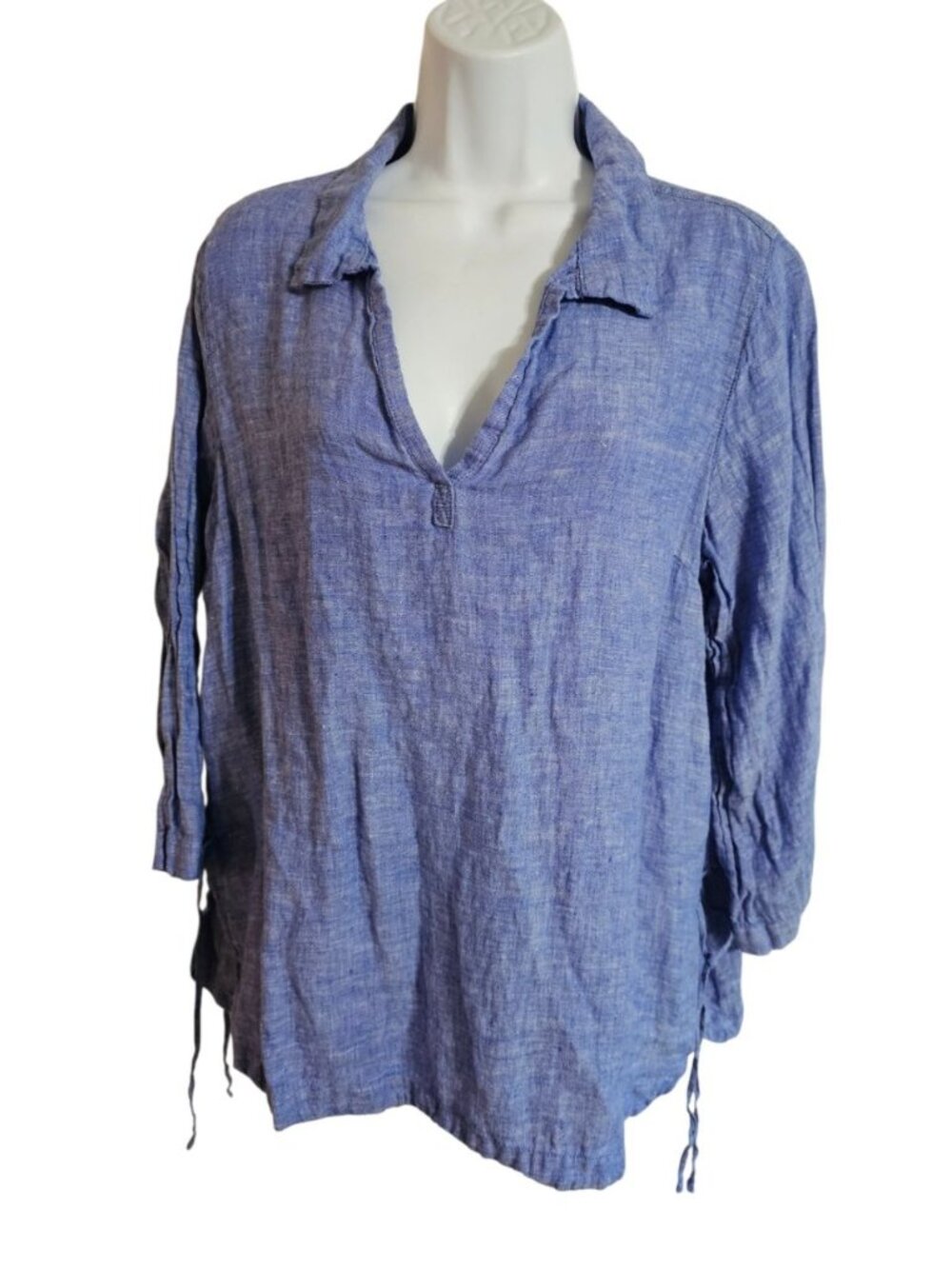 Isaac Mizrahi Womens Large Blouse Blue 100% Linen Coastal Essential Statement - Picture 2 of 6